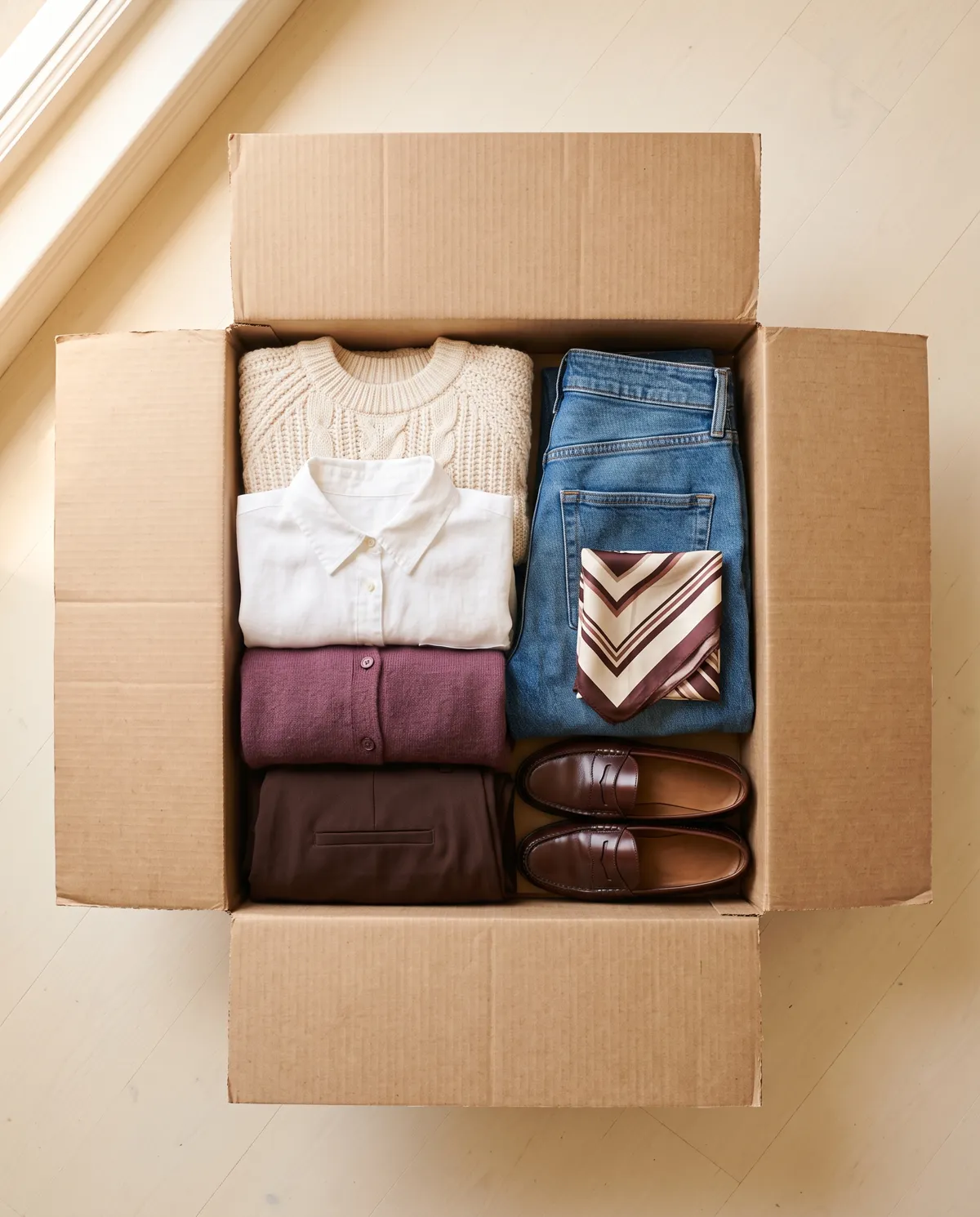 Large box of neatly folded knits, jeans, shirts and loafers